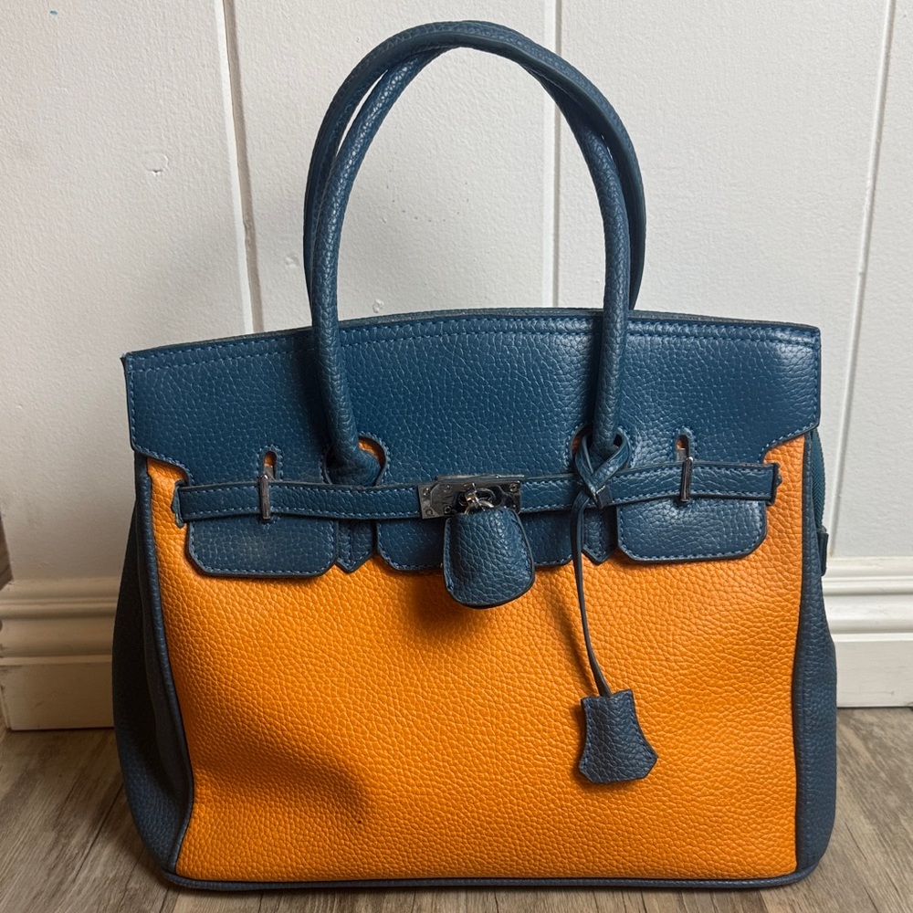 Leather Structured Tote Blue Orange Top Handle Satchel Lock Bag